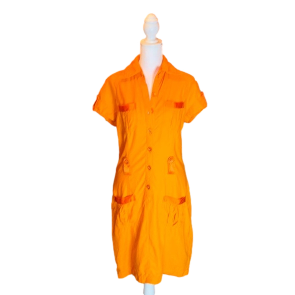 2b BEBE Vintage Bright Orange Linen Blend Shirt Dress Size S